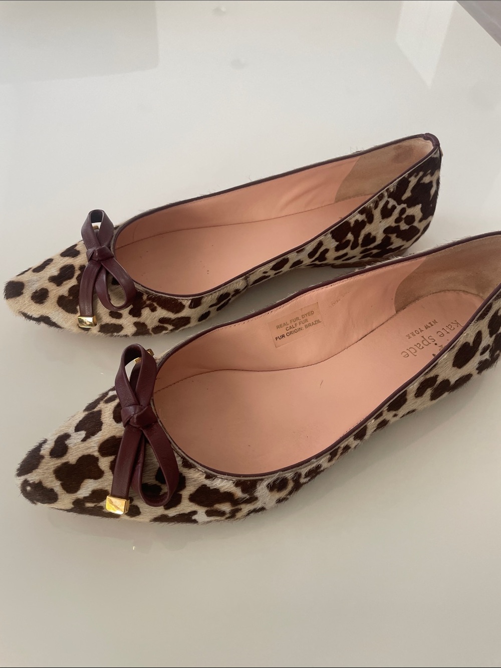 kate spade Leopard Print Pointed Toe Flats with Brown Bow Accents - Picture 1 of 7